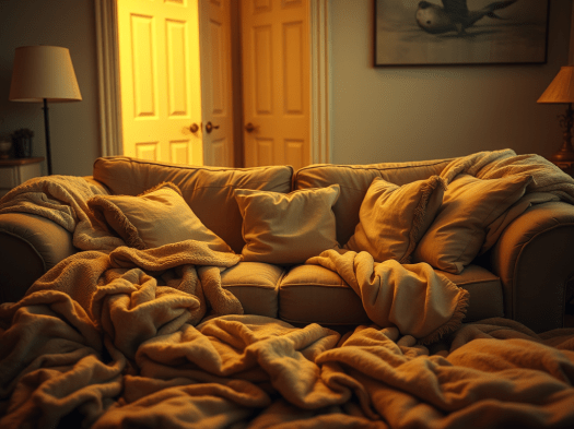 Cozy living room scene featuring a messy sofa with cream-colored pillows and blankets, illuminated by warm lighting from an adjacent doorway.